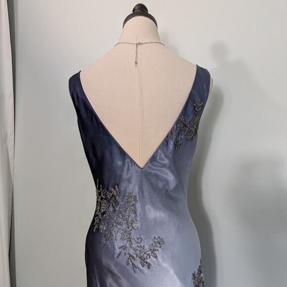 Vintage Prom Dress Maxi Gown 2 Blue Ombre Fairy Grunge 90s Y2K Satin Bead Floral - Picture 3 of 12